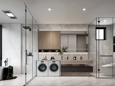 Modern Bathroom Interior With Glass Shower Double Vanity Mirror Two Washing Machines And Wooden Cabinets 3d model