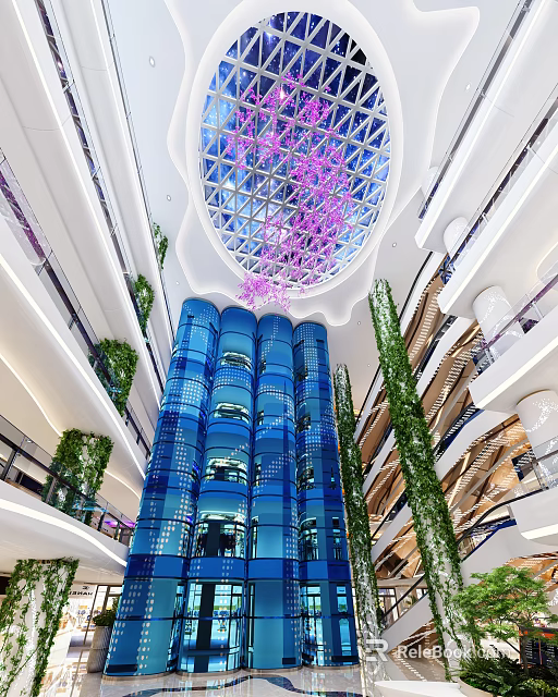 Modern Mall Interior With Glass Dome Purple Flowers Blue Glass Walls And Green Plants 3d model 