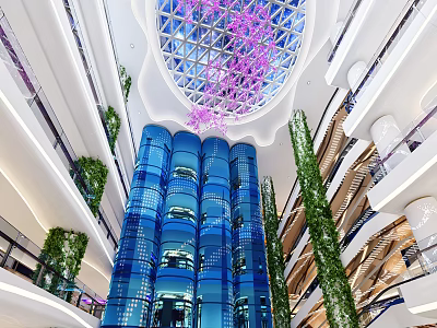 Modern Mall Interior With Glass Dome Purple Flowers Blue Glass Walls And Green Plants 3d model