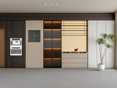 Modern Sideboard Design With Wooden Frame Glass Doors Open Shelves Drawers And Potted Plant 3d model