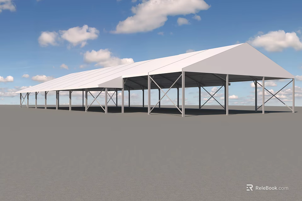 Large White Tent with Metal Frame Structure Set Against Blue Sky Background 3d model 