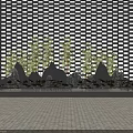 Decorative Garden Ornament with Green Plants Rockery Water Features and Grid Wall on Paved Ground