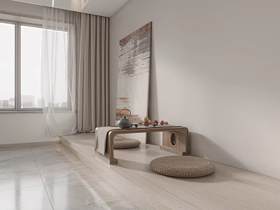 Minimalist Living Dining Room Interior With Large Windows Light Curtains And Wooden Low Table 3d model