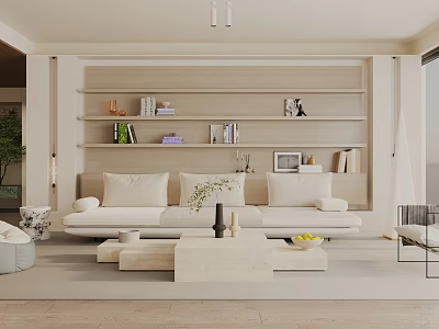 Minimalist Living Room Interior Featuring Beige Sofa Bookshelves Coffee Table And Green Plants 3d model