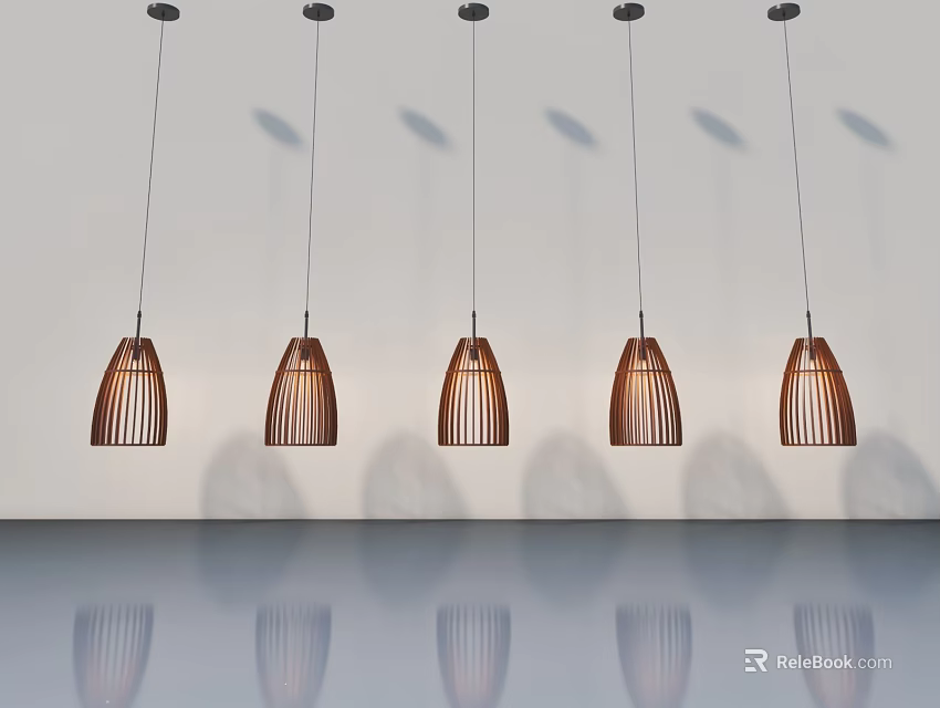 Modern Hinged Door Space Featuring Bamboo Pendant Lights White Wall And Reflections 3d model