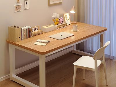 Cozy Study Space With Wooden Desk And White Chair Set Including Laptop Notebook And Lamp 3d model