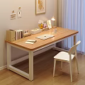 Cozy Study Space With Wooden Desk And White Chair Set Including Laptop Notebook And Lamp