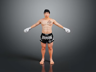 Shirtless Man With Chest Tattoo Wearing White Boxing Gloves And Everlast Shorts In Standing Pose 3d model
