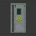 Green Metal Safety Door With Number 7 Small Window Radioactive Warning Sign And Vent
