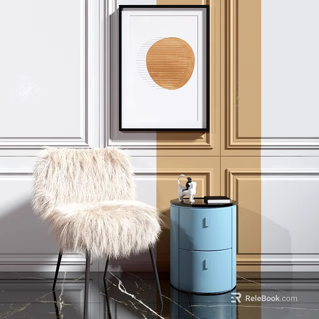 Fluffy Cream Leisure Chair with Blue Side Table White Brown Paneled Wall and Circular Art 3d model 