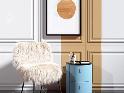 Fluffy Cream Leisure Chair with Blue Side Table White Brown Paneled Wall and Circular Art 3d model