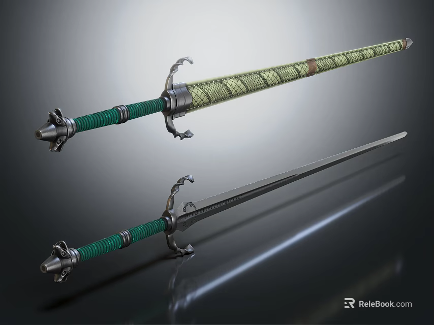 Two Decorative Swords With Green Hilt And Silver Shiny Blade On Black Background 3d model 