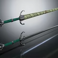 Two Decorative Swords With Green Hilt And Silver Shiny Blade On Black Background 3d model