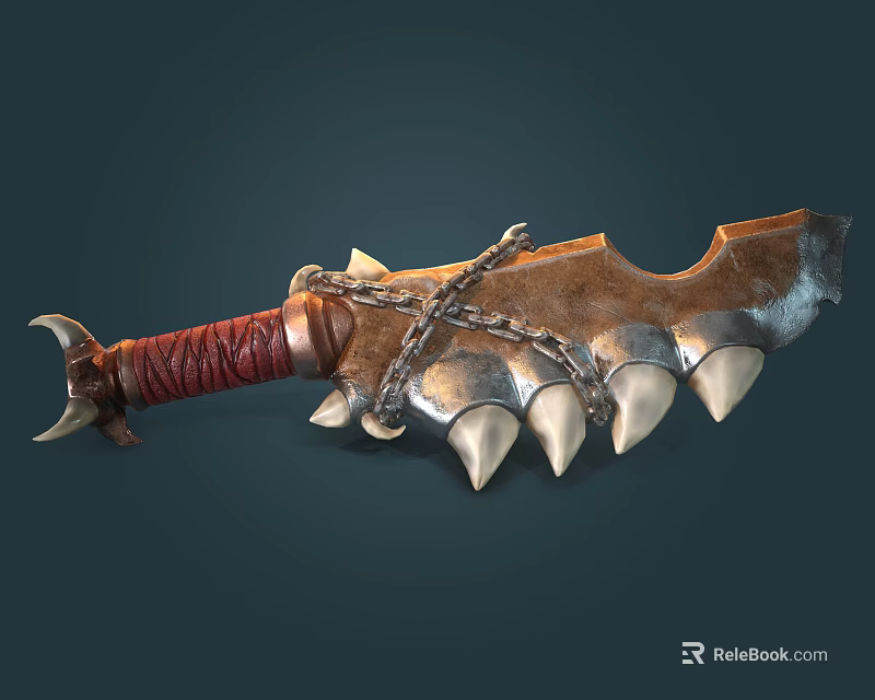 Medieval Battle Axe With Leather Wrapped Handle Chain Decoration And Spiked Blade 3d model 