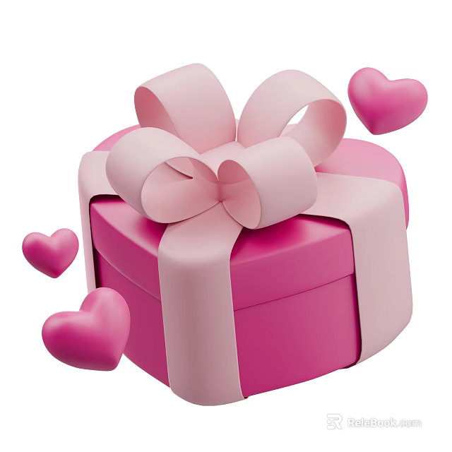 Decorative Ornament Set with Heart Shaped Pink Gift Box and Surrounding Pink Heart Decorations 3d model 