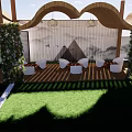 Garden Landscape Design With Wooden Pergola White Chairs Green Plants And Grass Area
