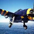 Vintage Fighter Jet with Blue Body Yellow Stripes and White Star Logo and Propeller Design