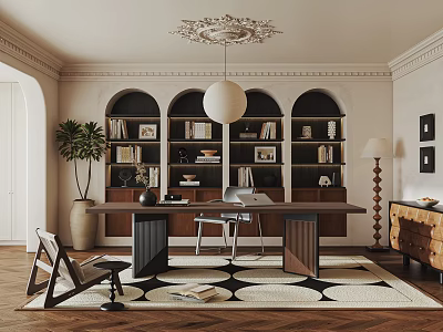Classic Study Room Interior Design With Wooden Bookshelves Writing Desk Arched Walls And Geometric Rug 3d model
