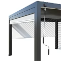 Modern Metal Architectural Structure With Slatted Top Supporting Posts And Transparent Panels
