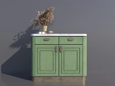 Green Entryway Side Cabinet With White Countertop And Dried Flowers In Vase 3d model
