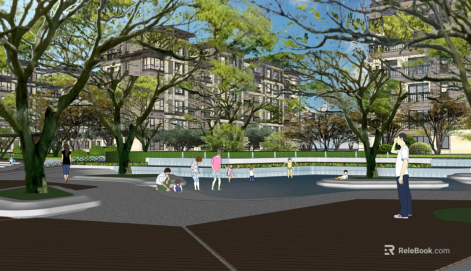 Residential Landscape with Lush Trees and Community Outdoor Activity Space 3d model 
