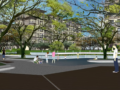 Residential Landscape with Lush Trees and Community Outdoor Activity Space 3d model