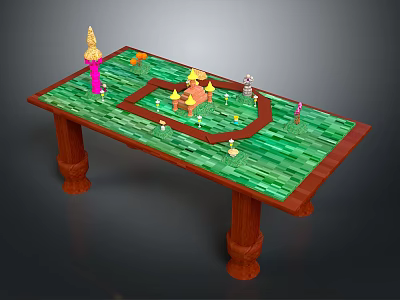 Wooden Table With Green Tabletop And Colorful Models Pink Tower Yellow Castle And Green Figure 3d model