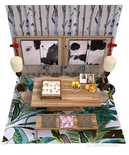 Wooden Dining Table Set With Matching Chairs Fruits Dishes Lamps And Decorative Paintings 3d model 
