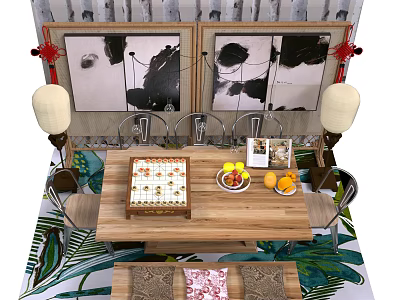 Wooden Dining Table Set With Matching Chairs Fruits Dishes Lamps And Decorative Paintings 3d model
