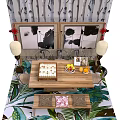 Wooden Dining Table Set With Matching Chairs Fruits Dishes Lamps And Decorative Paintings