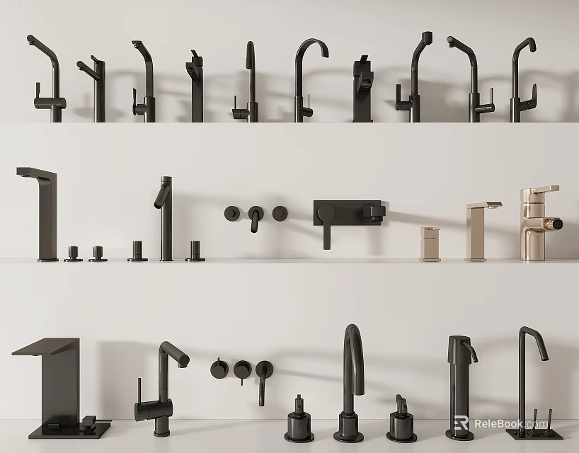 Various Modern Faucet Designs Displayed on White Shelves with Black and Gold Finishes 3d model 