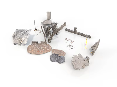 Assorted Construction Scene Components Including Stones Metal Parts Pipes And Debris 3d model