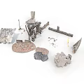 Assorted Construction Scene Components Including Stones Metal Parts Pipes And Debris