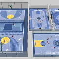 Indoor Basketball Court Design With Multiple Courts Layout Fencing And People Playing