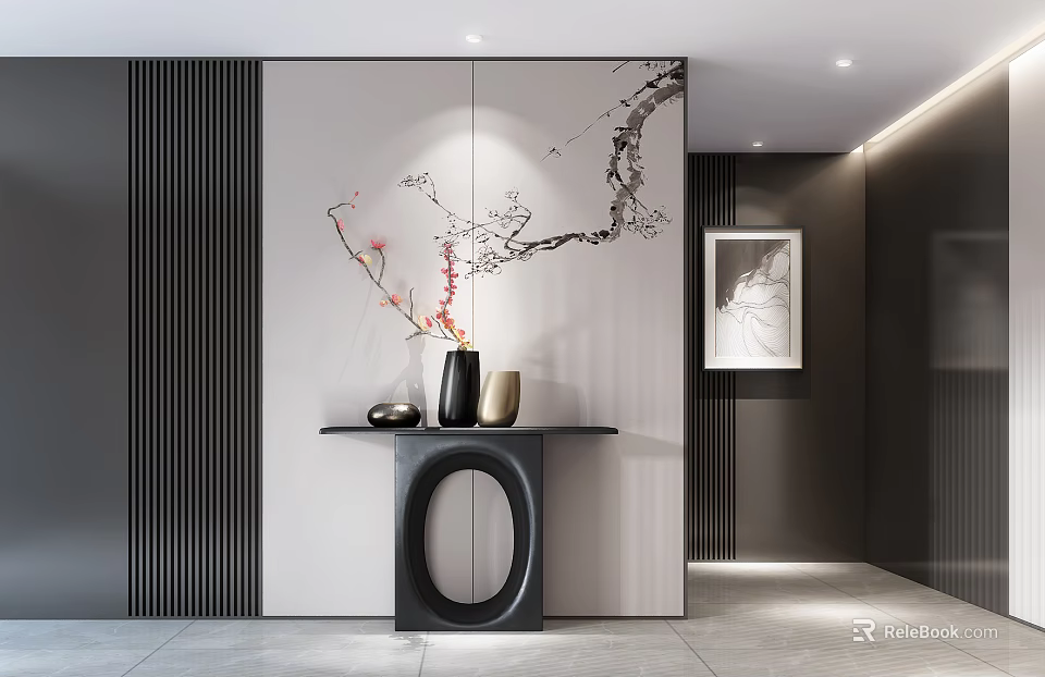 Elegant Modern Console Table Interior With Plum Blossom Branch Vase And Ink Painting Wall 3d model 