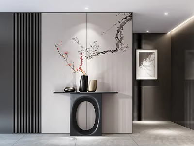 Elegant Modern Console Table Interior With Plum Blossom Branch Vase And Ink Painting Wall 3d model