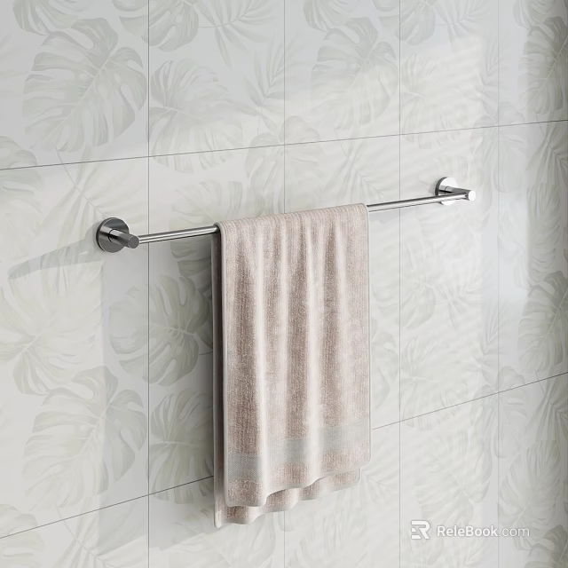Stainless Steel Towel Bar With Beige Towel On Leaf Pattern Tile Wall 3d model 