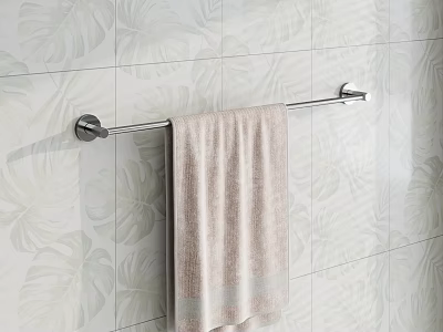 Stainless Steel Towel Bar With Beige Towel On Leaf Pattern Tile Wall 3d model