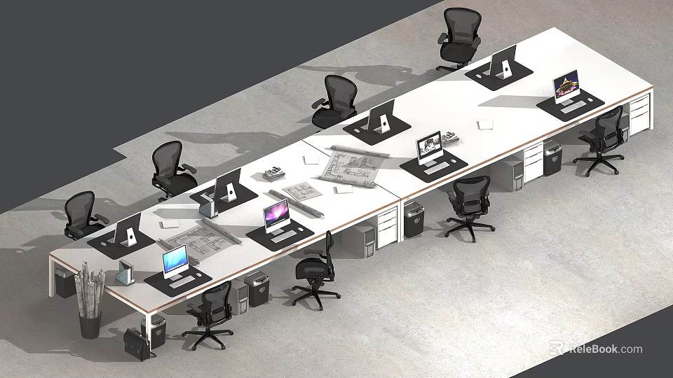 Modern Office Workspace Featuring Long Desk Computers Office Chairs And Documents 3d model 