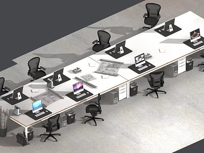Modern Office Workspace Featuring Long Desk Computers Office Chairs And Documents 3d model