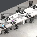 Modern Office Workspace Featuring Long Desk Computers Office Chairs And Documents 3d model