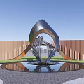 Metal Landscape Sculpture With Unique Hollowed-out Design And Water Pool Reflection