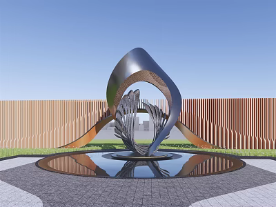 Metal Landscape Sculpture With Unique Hollowed-out Design And Water Pool Reflection 3d model