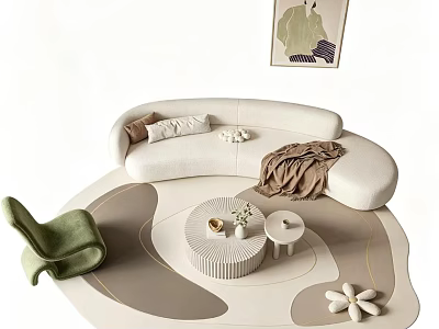 Modern Cream Curved Sofa And Round Coffee Table Combination For Cozy Minimalist Living Room Decoration 3d model