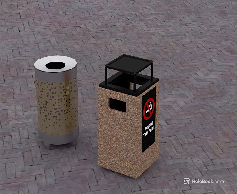 Silver Metal And Brown Stone Trash Bins With Flat Door And No Smoking Label 3d model 