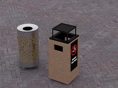Silver Metal And Brown Stone Trash Bins With Flat Door And No Smoking Label 3d model