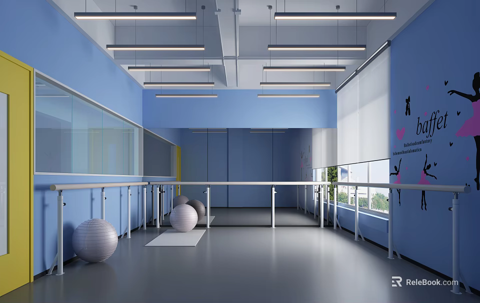 Modern Fitness Studio With Blue Walls White Barres Yoga Balls And Dance Graphics 3d model 