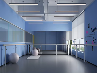 Modern Fitness Studio With Blue Walls White Barres Yoga Balls And Dance Graphics 3d model