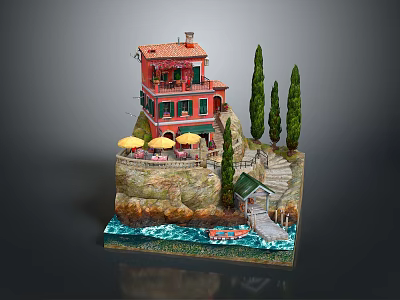 Coastal Scene Decorative Model with Red Building Green Windows Orange Umbrellas Trees and Small Boat 3d model
