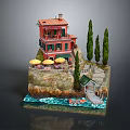 Coastal Scene Decorative Model with Red Building Green Windows Orange Umbrellas Trees and Small Boat